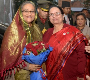 Welcoming The Prime Minister of Bangaladesh By Minister Radha Gyawali